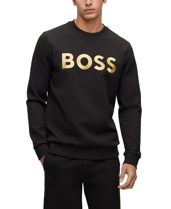 Moletom masculino Hugo Boss com estampa de contraste e corte relaxado, preto, tamanho grande