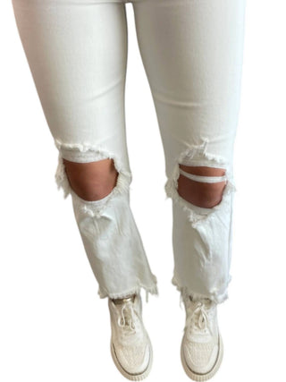 Risen - Calça Jeans Reta Desgastada de Cintura Alta