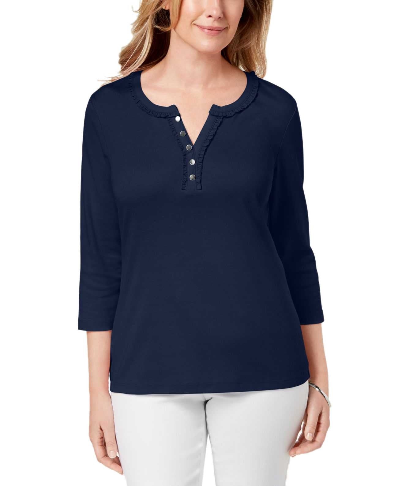 Karen Scott Blusa Henley Feminina de Algodão com Babados Azul Tamanho Grande