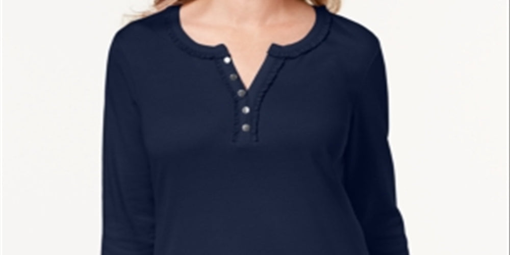 Karen Scott Blusa Henley Feminina de Algodão com Babados Azul Tamanho Grande