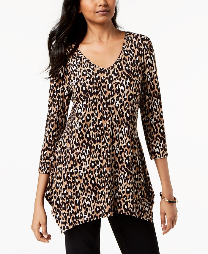 Top feminino estampado com bainha de lenço da coleção JM, preto, tamanho pequeno