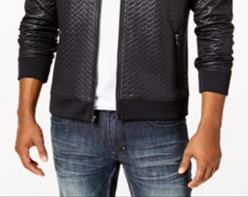 Jaqueta bomber masculina com zíper e trama de cesta da INC International Concepts, preta, tamanho grande