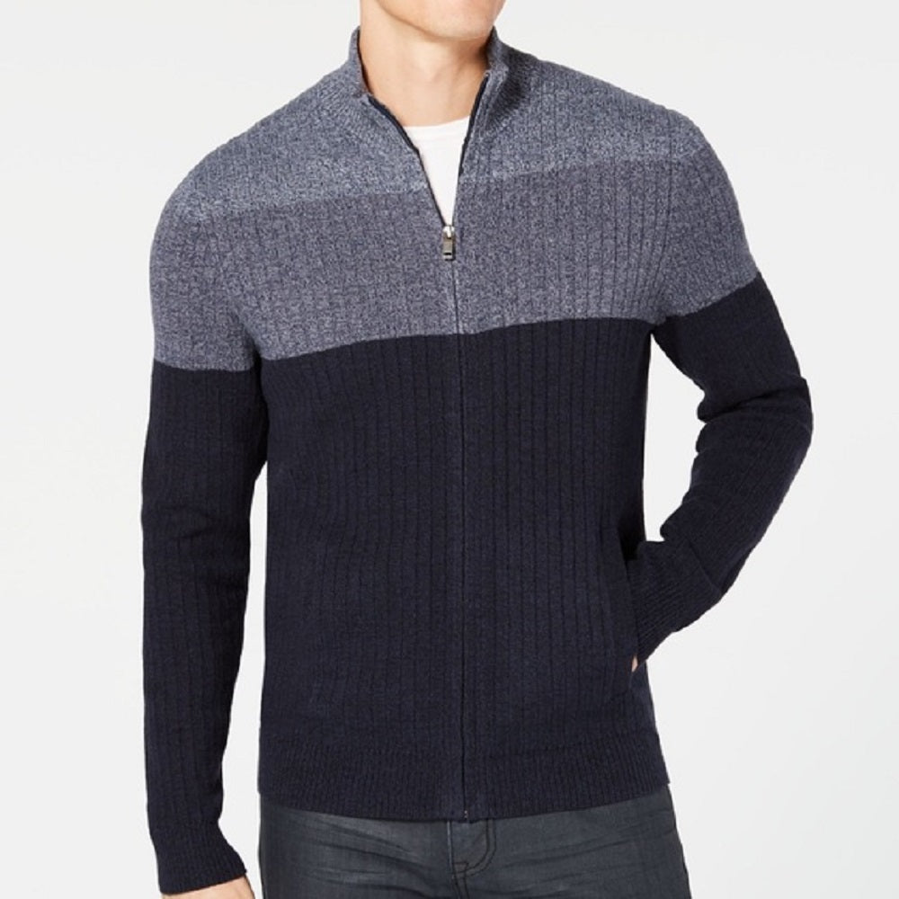Cardigan Alfani Masculino Ombre Colorblocked Malha Canelada com Zíper Completo Azul Tamanho XXX-G