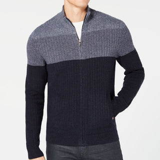 Cardigan Alfani Masculino Ombre Colorblocked Malha Canelada com Zíper Completo Azul Tamanho XXX-G