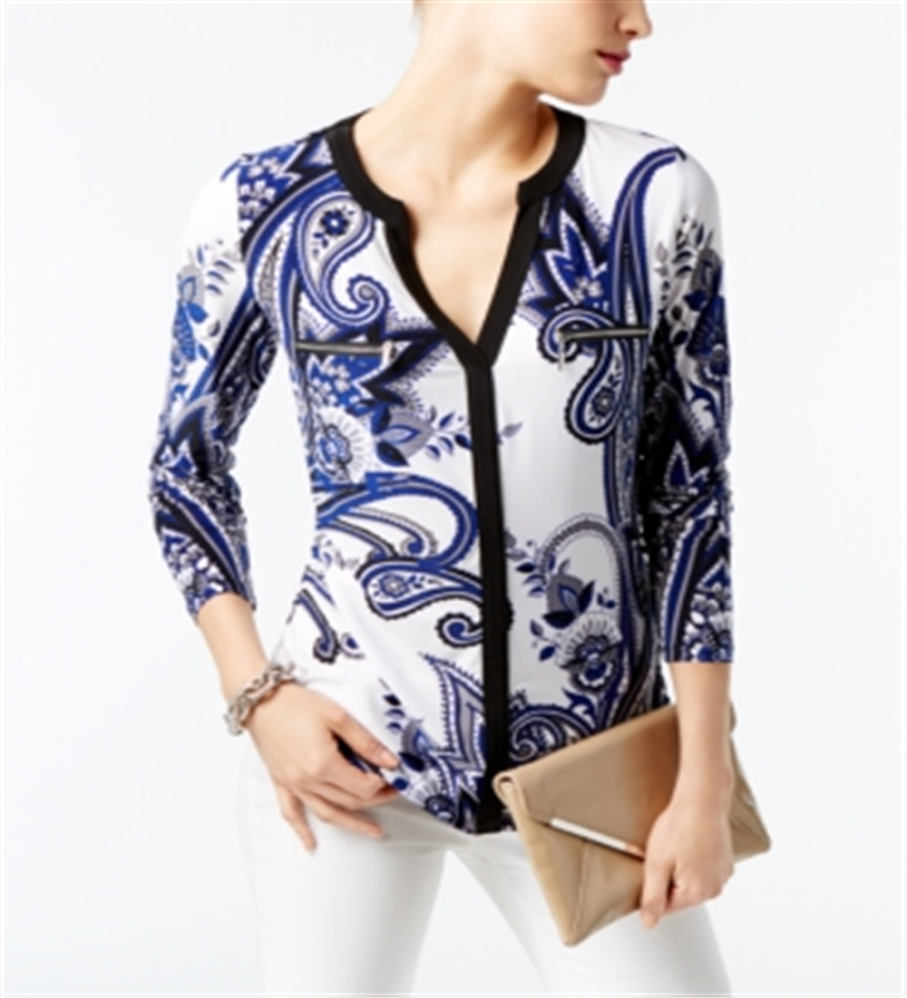 Blusa feminina com estampa e zíper INC International Concepts, branca, tamanho pequeno