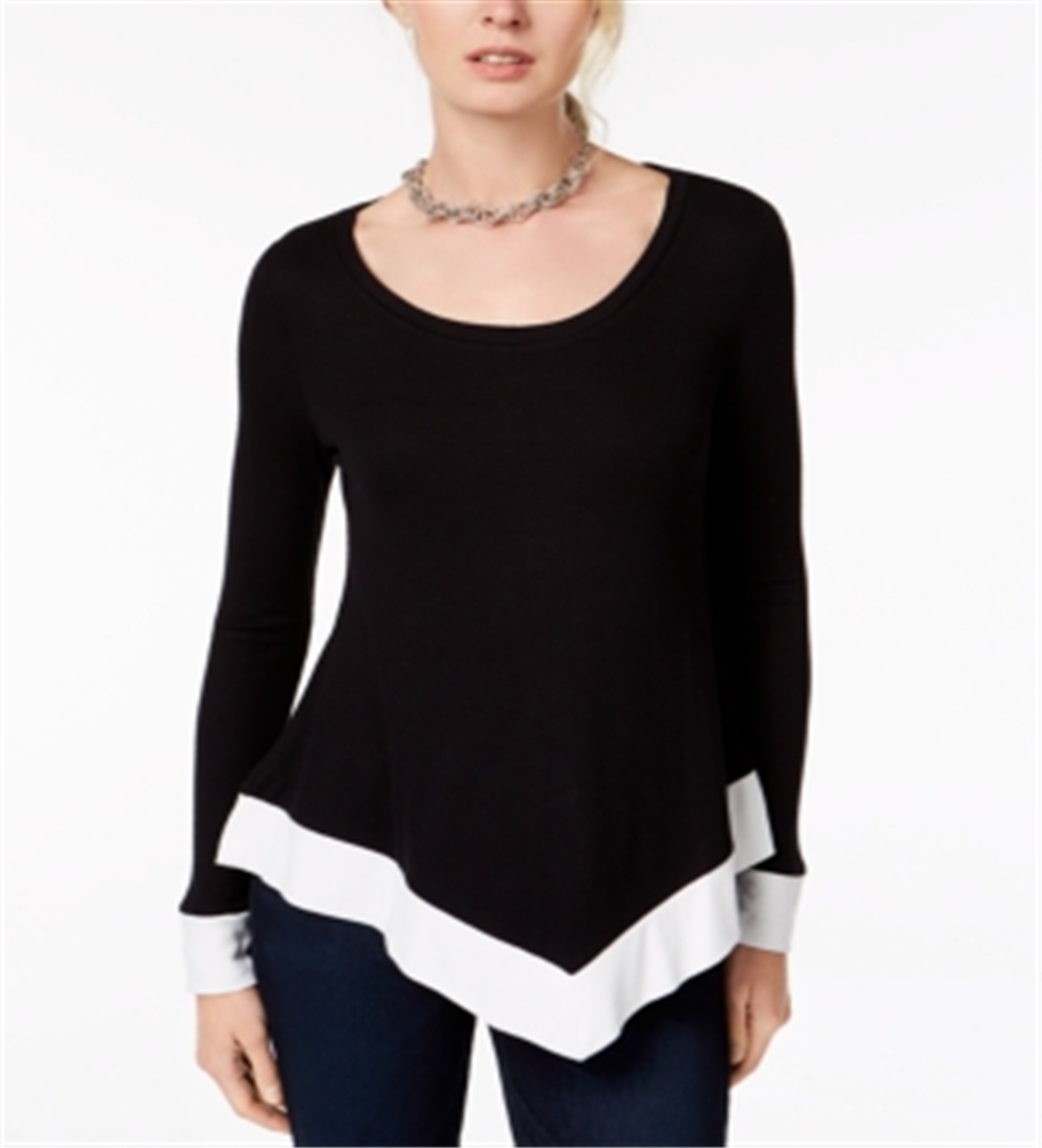 INC International Concepts Top feminino com bainha de lenço e blocos de cores, preto, tamanho pequeno