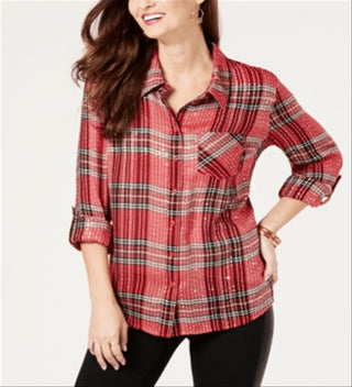 Camisa xadrez com lantejoulas feminina Style &amp; Co, tamanho pequeno P