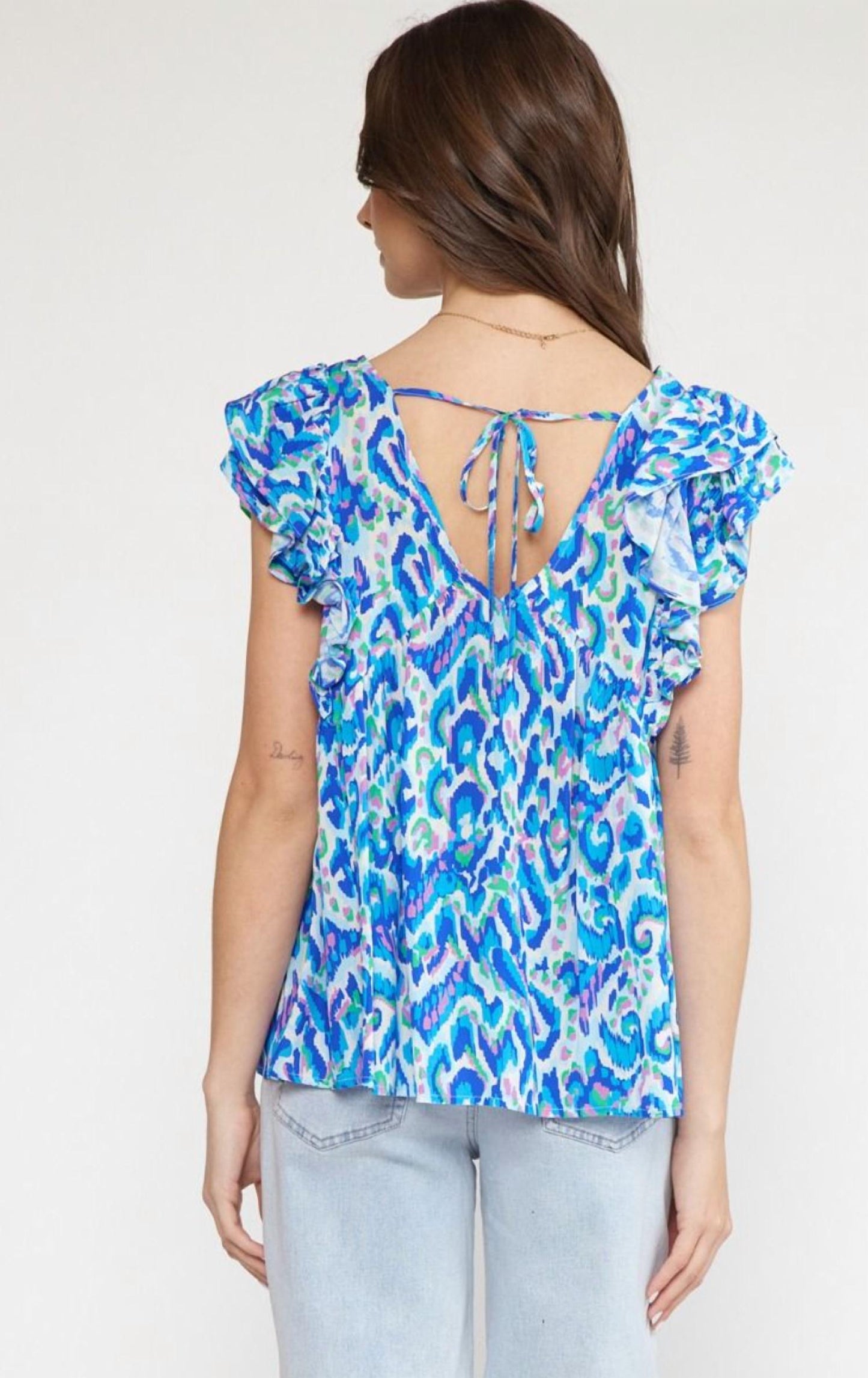 Entro - Printed V-Neck Ruffle Sleeves Top - Plus