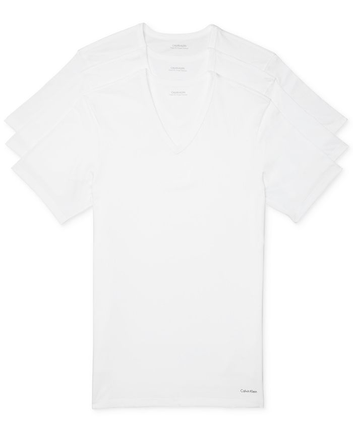 Camiseta Calvin Klein Masculina Slim Fit de Algodão com Gola V, Branca, Tamanho Médio, Pacote com 3