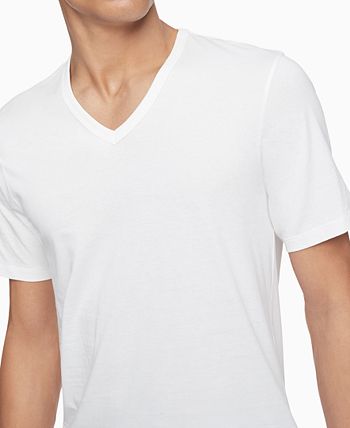 Camiseta Calvin Klein Masculina Slim Fit de Algodão com Gola V, Branca, Tamanho Médio, Pacote com 3