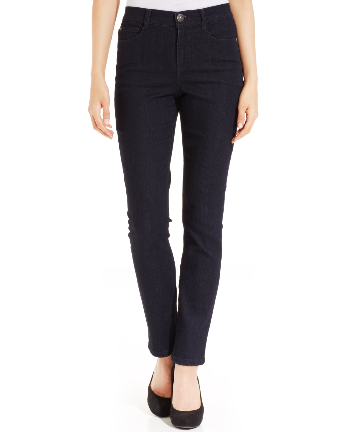 Jeans feminino estilo &amp; co com controle de barriga, perna justa, preto, tamanho 16, pequeno