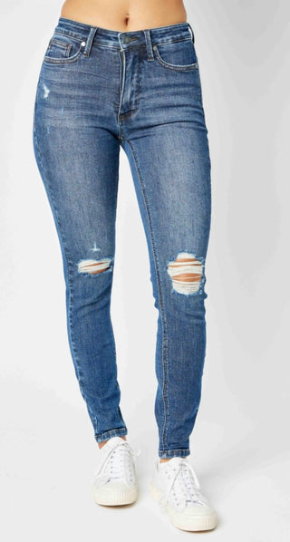 Judy Blue - Calça Jeans Skinny Destroy com Controle de Barriga de Cintura Média