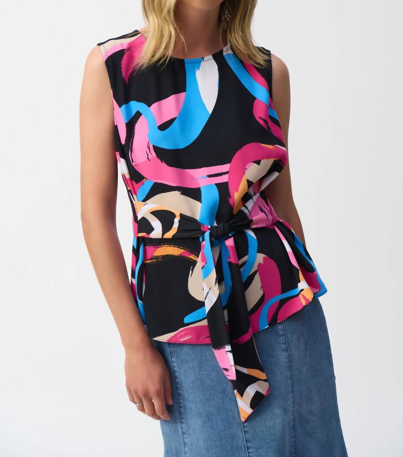 Joseph Ribkoff - Brushstroke Print Waist Sash Sleeveless Top