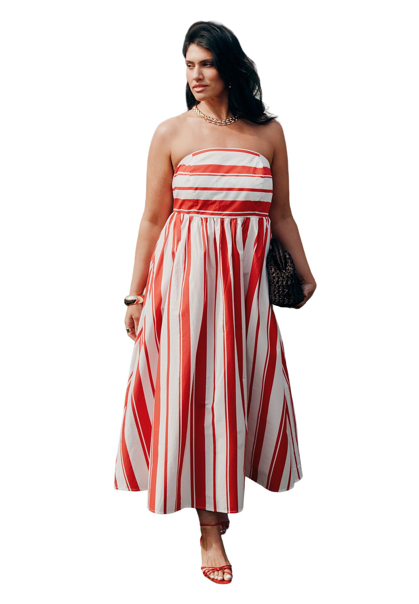 ELOQUII Women's Plus Size Poplin Fit and Flare Maxi Dress - 26, Red Stripe