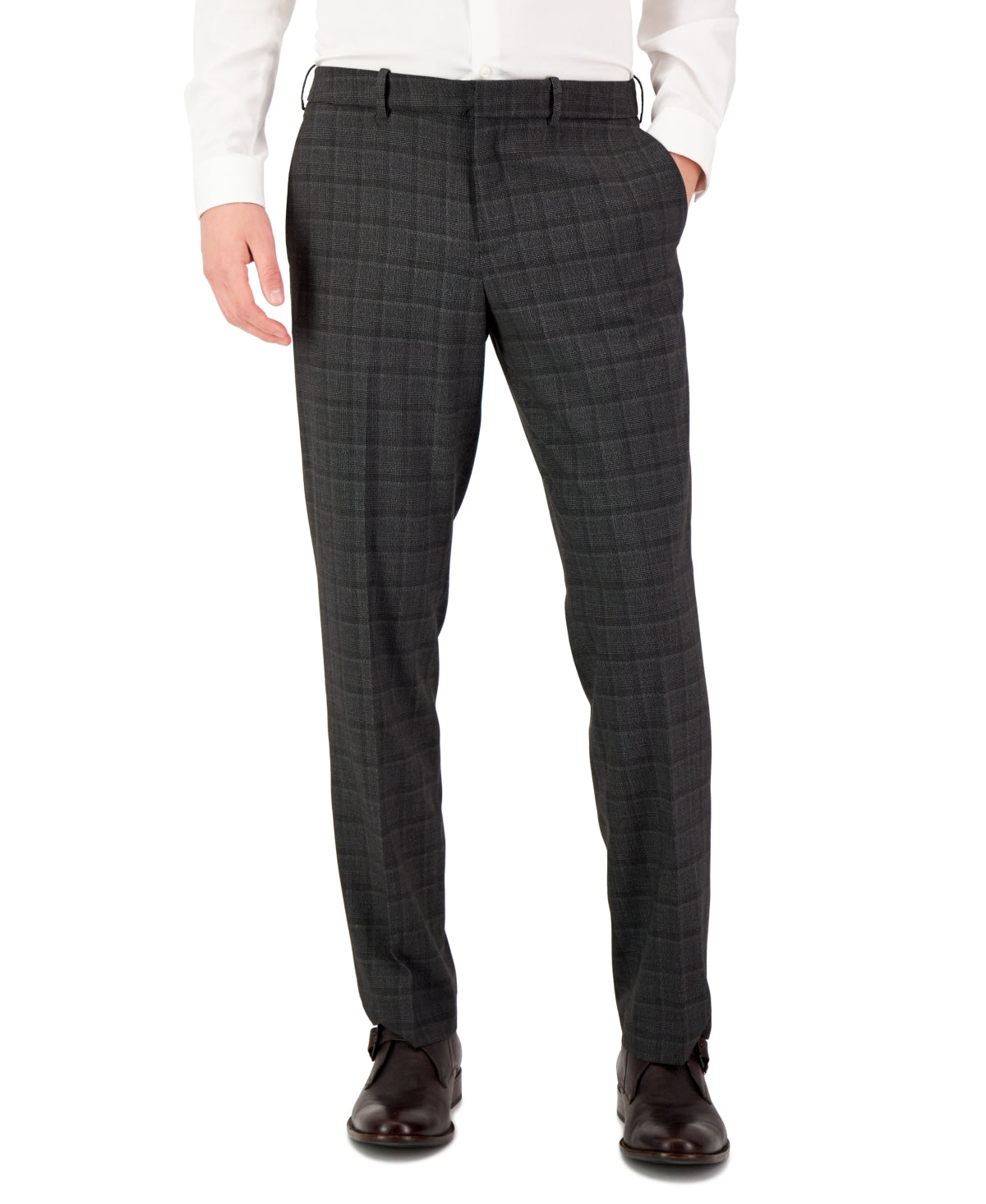 Calça social masculina Perry Ellis Modern Fit Stretch Resolution xadrez cinza tamanho 40x30