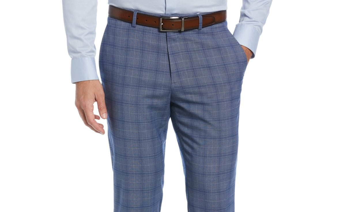 Calça social masculina Perry Ellis Portfolio Slim Fit com frente lisa, azul, tamanho 36x29