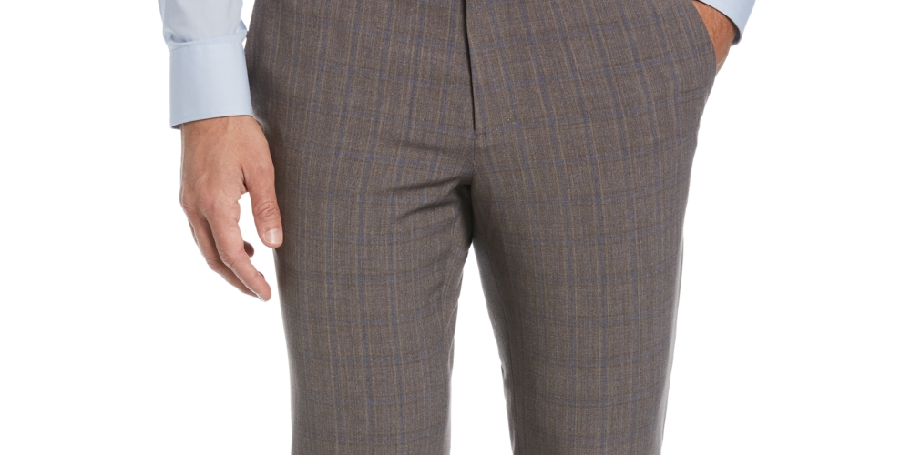 Calça social masculina Perry Ellis Portfolio Slim Fit com frente lisa, cinza, tamanho 36x32