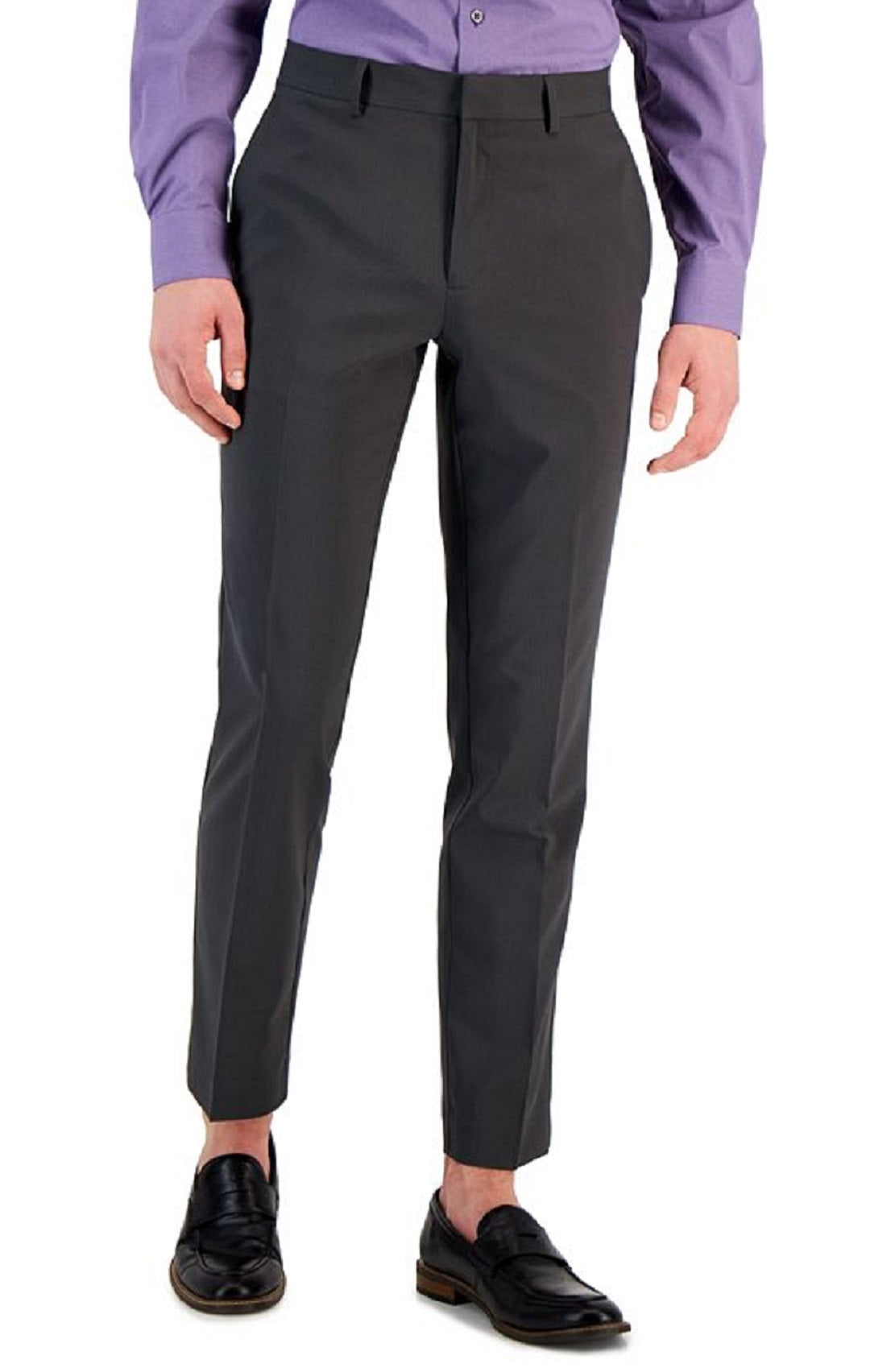 Calça masculina Perry Ellis Slim Fit com frente lisa, cinza, tamanho 38x29