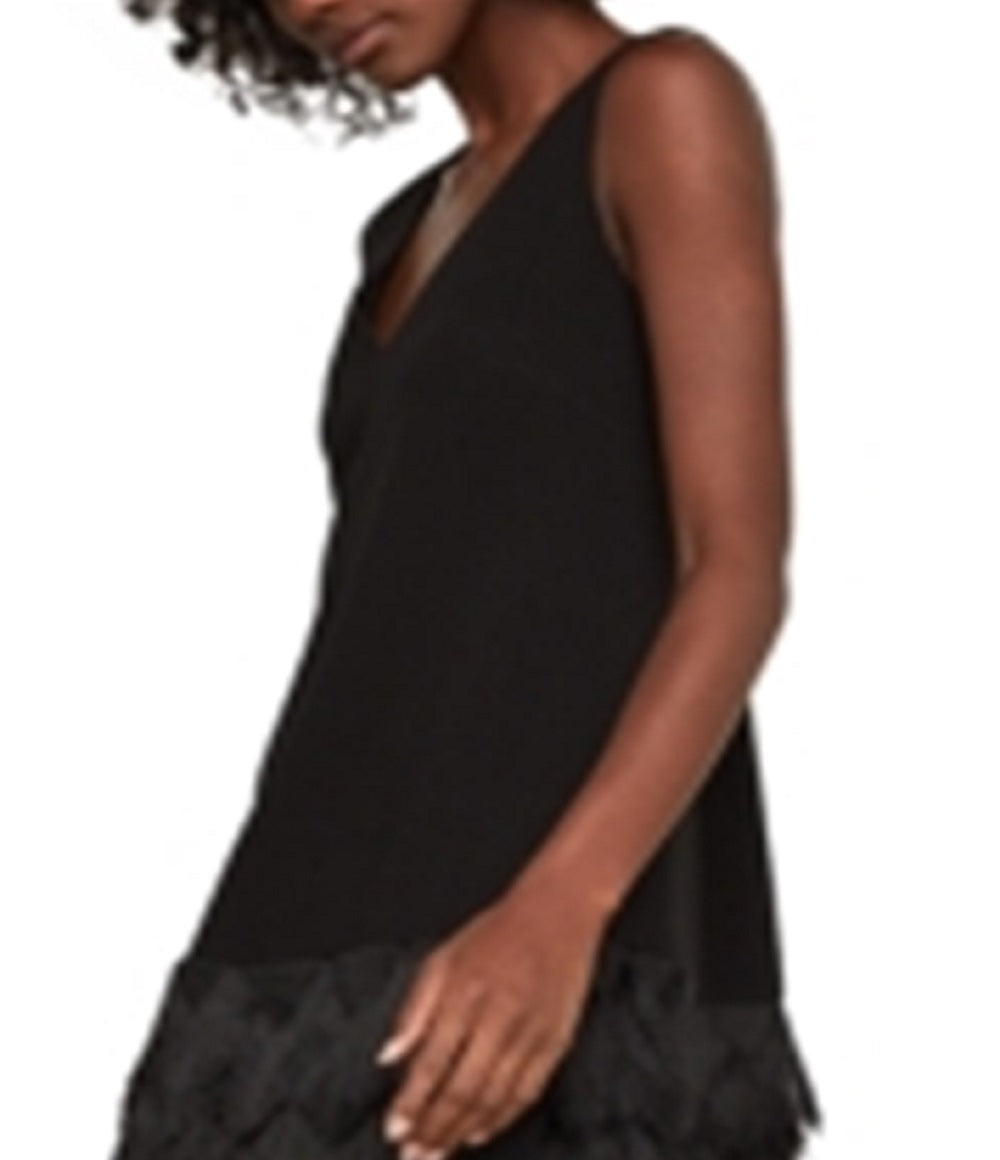 Vestido feminino Addilyn com franjas e acabamento em tule preto, tamanho 2, BCBGMAXAZRI