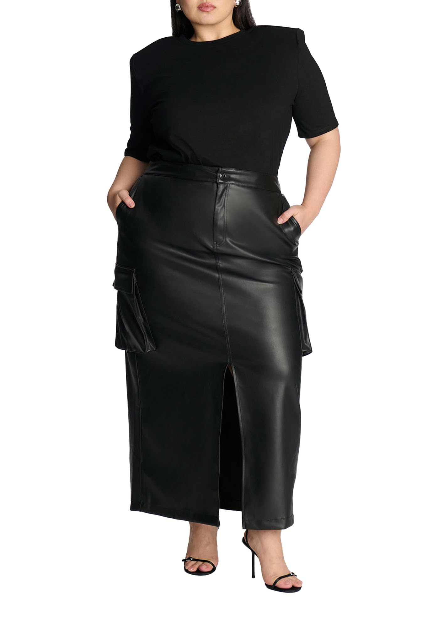 ELOQUII Women's Plus Size Maxi Cargo Faux Leather Skirt - 22, Black Onyx