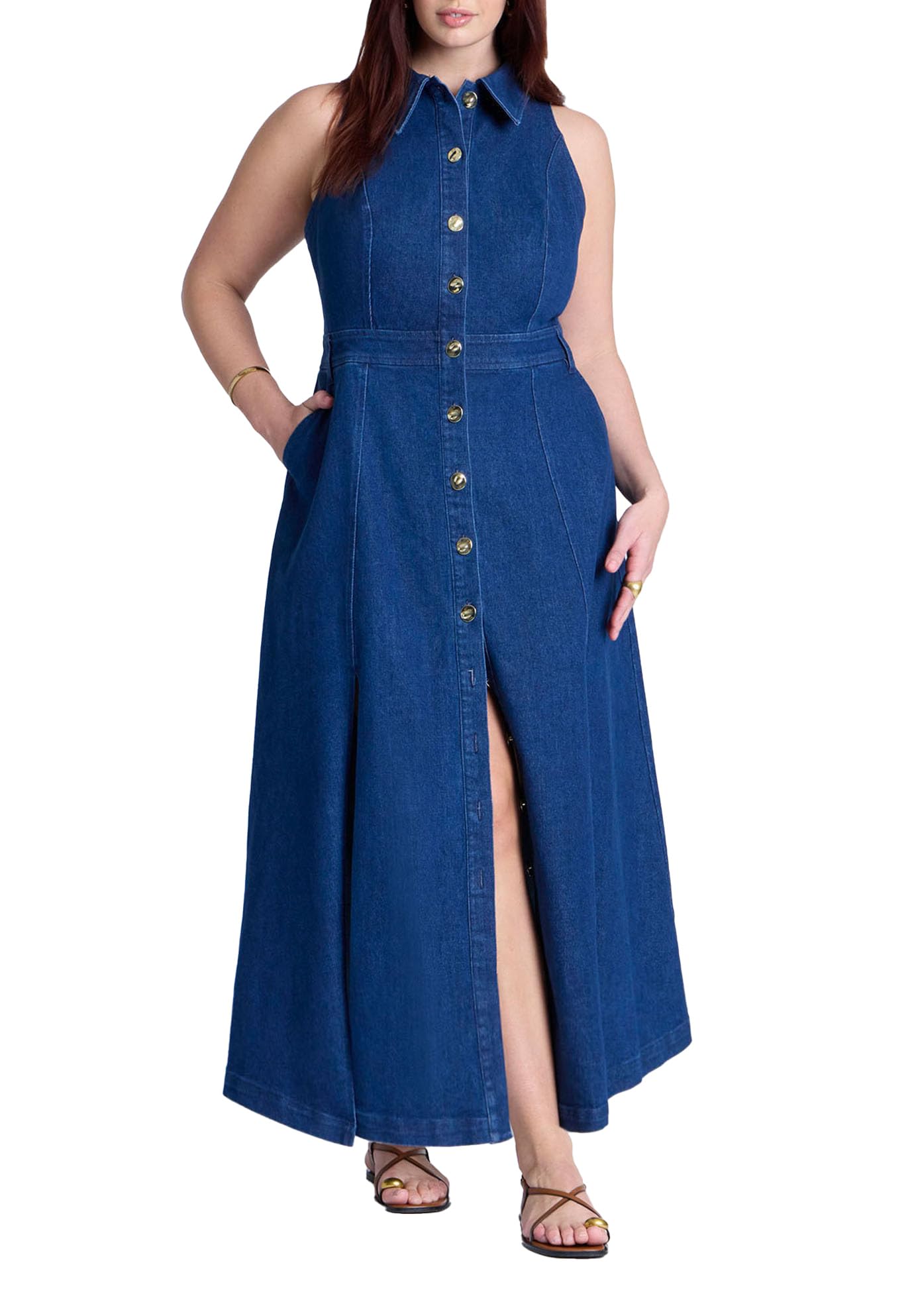 ELOQUII Women's Plus Size Sleeveless Denim Midi Dress - 20, Medium Wash
