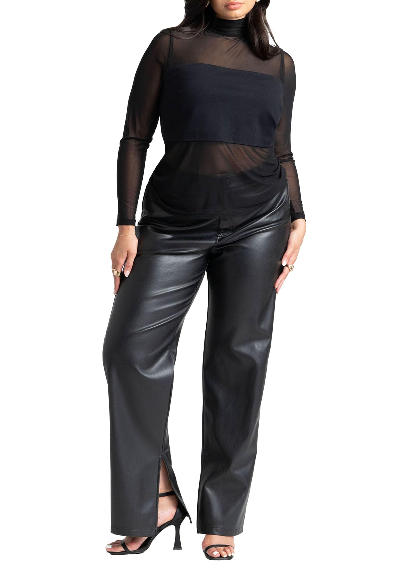 ELOQUII Women's Plus Size Slit Hem Faux Leather Pant - 26, Black Onyx