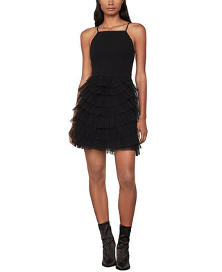 BCBGMAXAZRIA Vestido curto feminino de tule com camadas e sem mangas, preto, tamanho 2