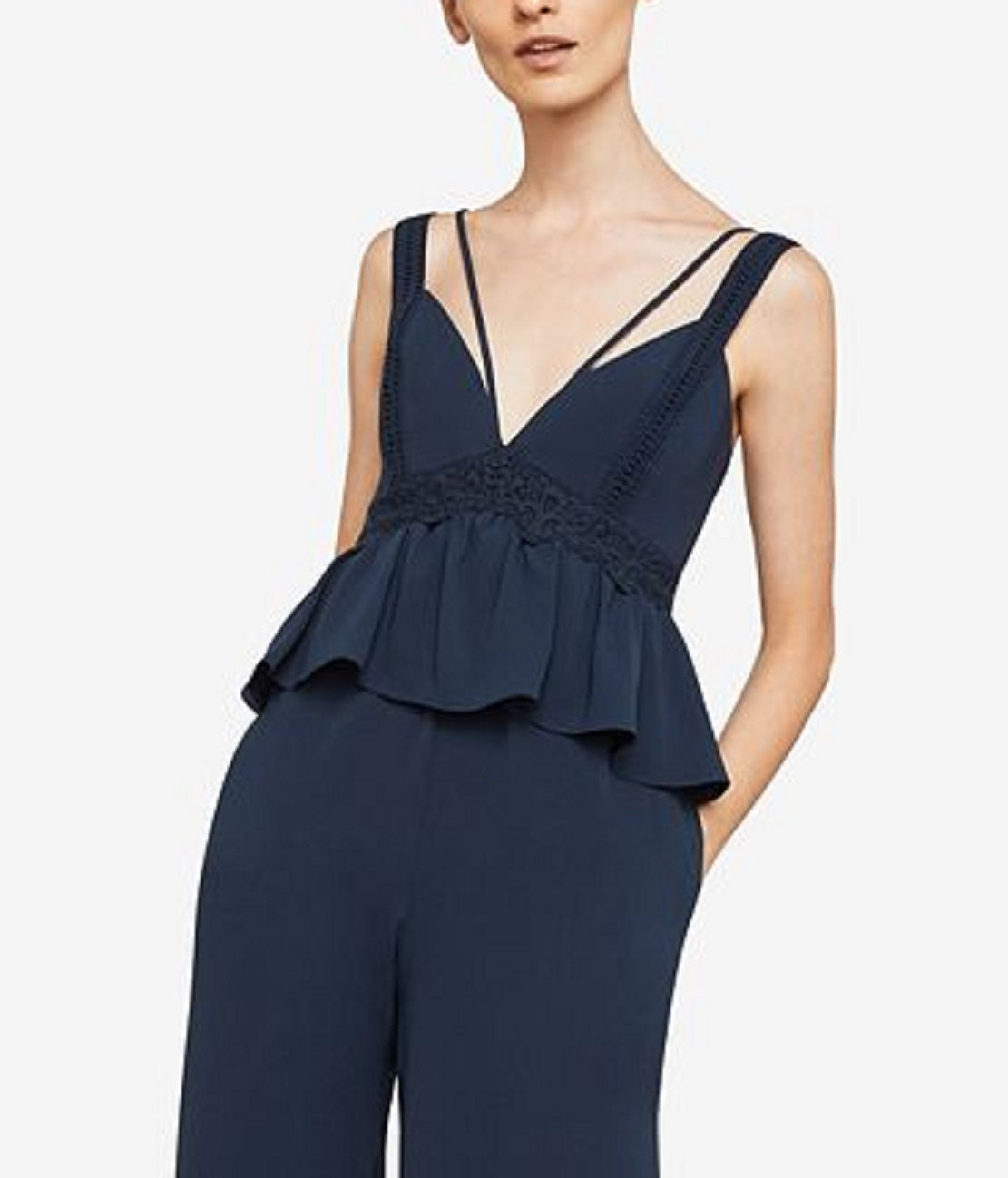 Macacão peplum feminino BCBGMAXAZRIA, perna larga, azul, tamanho XX-S
