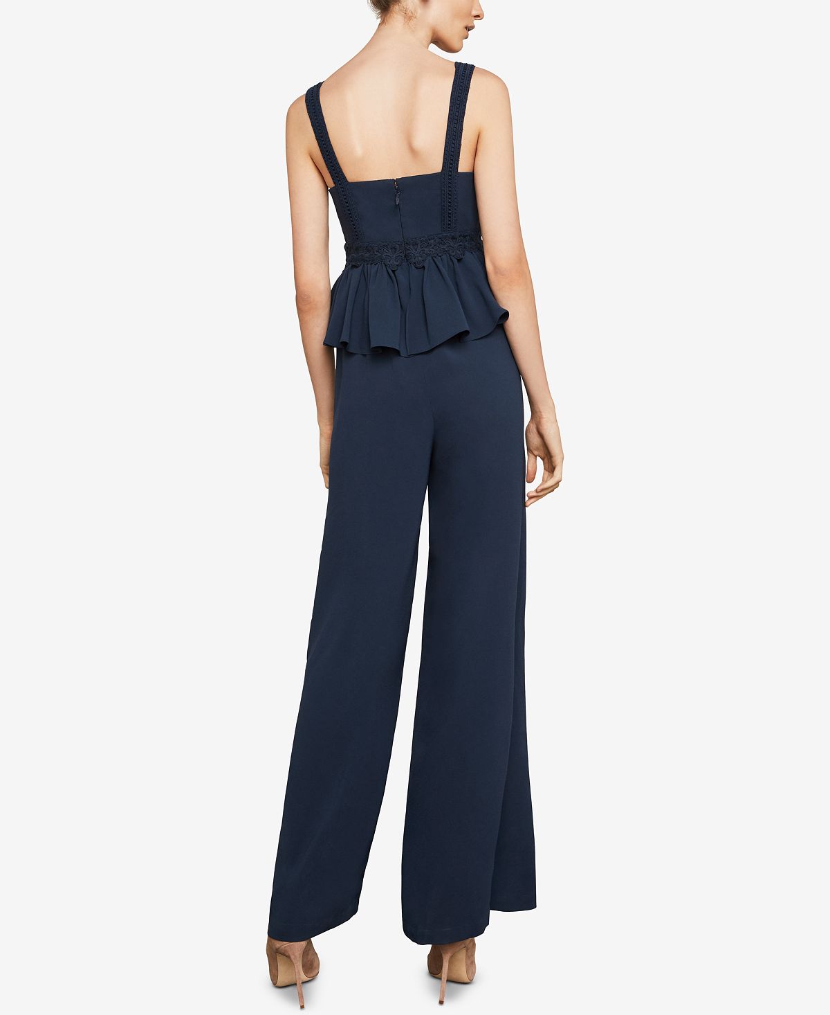 Macacão peplum feminino BCBGMAXAZRIA, perna larga, azul, tamanho XX-S