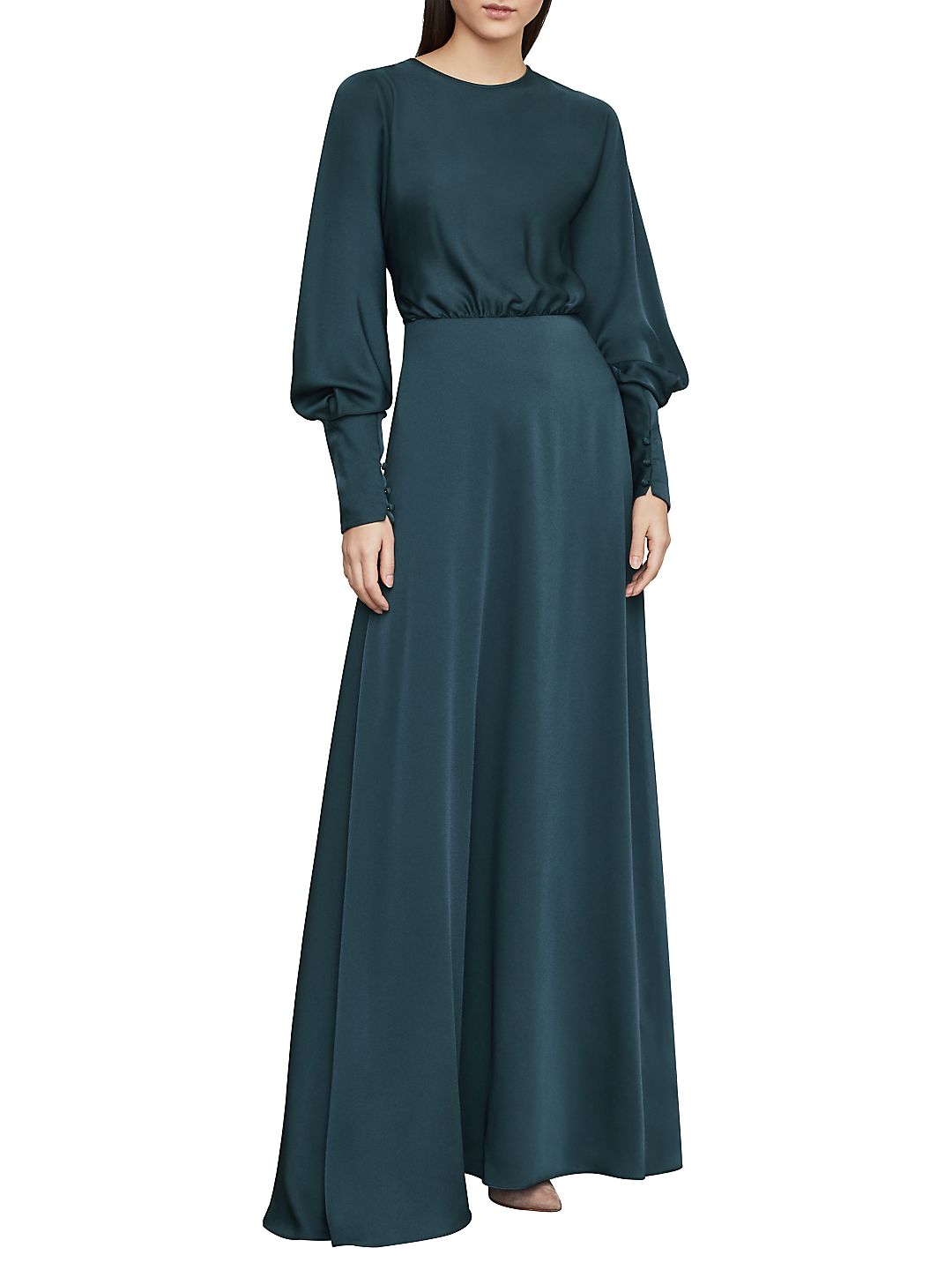 Vestido longo drapeado de cetim feminino BCBGMAXAZRIA, verde, tamanho 8