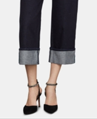 Calça jeans feminina BCBGMAXAZRIA de algodão com punho e perna larga, azul, tamanho 31