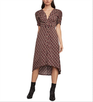 Vestido feminino com estampa geométrica e frente torcida BCBGMAXAZRIA, marrom, tamanho grande