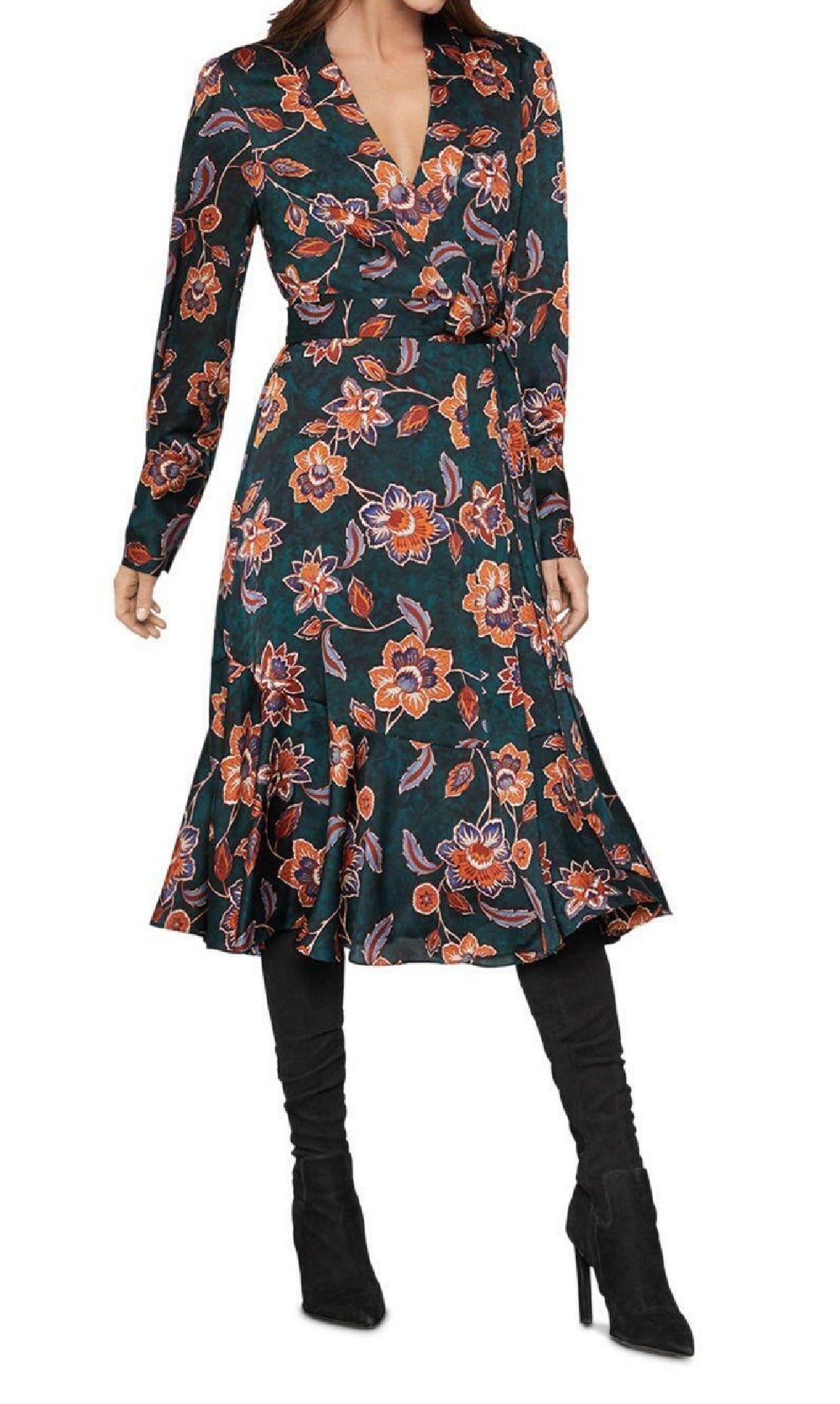 Vestido envelope feminino de cetim georgette floral Bcbgmaxazria, azul, tamanho grande