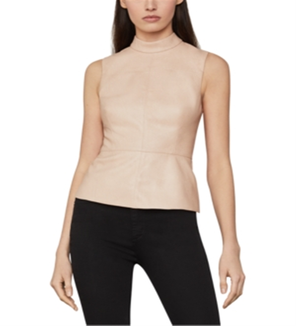 BCBGMAXAZRIA Blusa feminina peplum de couro sintético com gola falsa rosa 2 tamanho 2