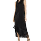 BCBGMAXAZRIA Vestido longo assimétrico com franjas e acabamento em franjas, preto, tamanho médio