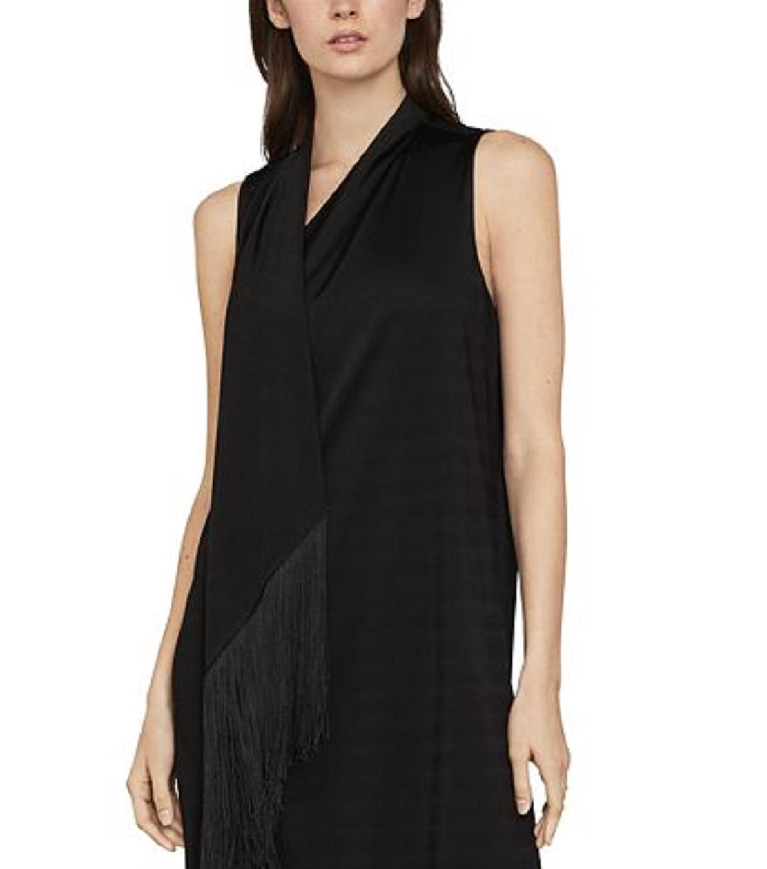 BCBGMAXAZRIA Vestido longo assimétrico com franjas e acabamento em franjas, preto, tamanho médio
