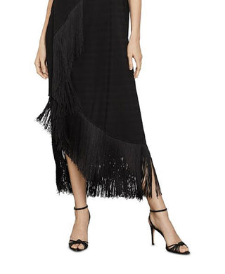 BCBGMAXAZRIA Vestido longo assimétrico com franjas e acabamento em franjas, preto, tamanho médio