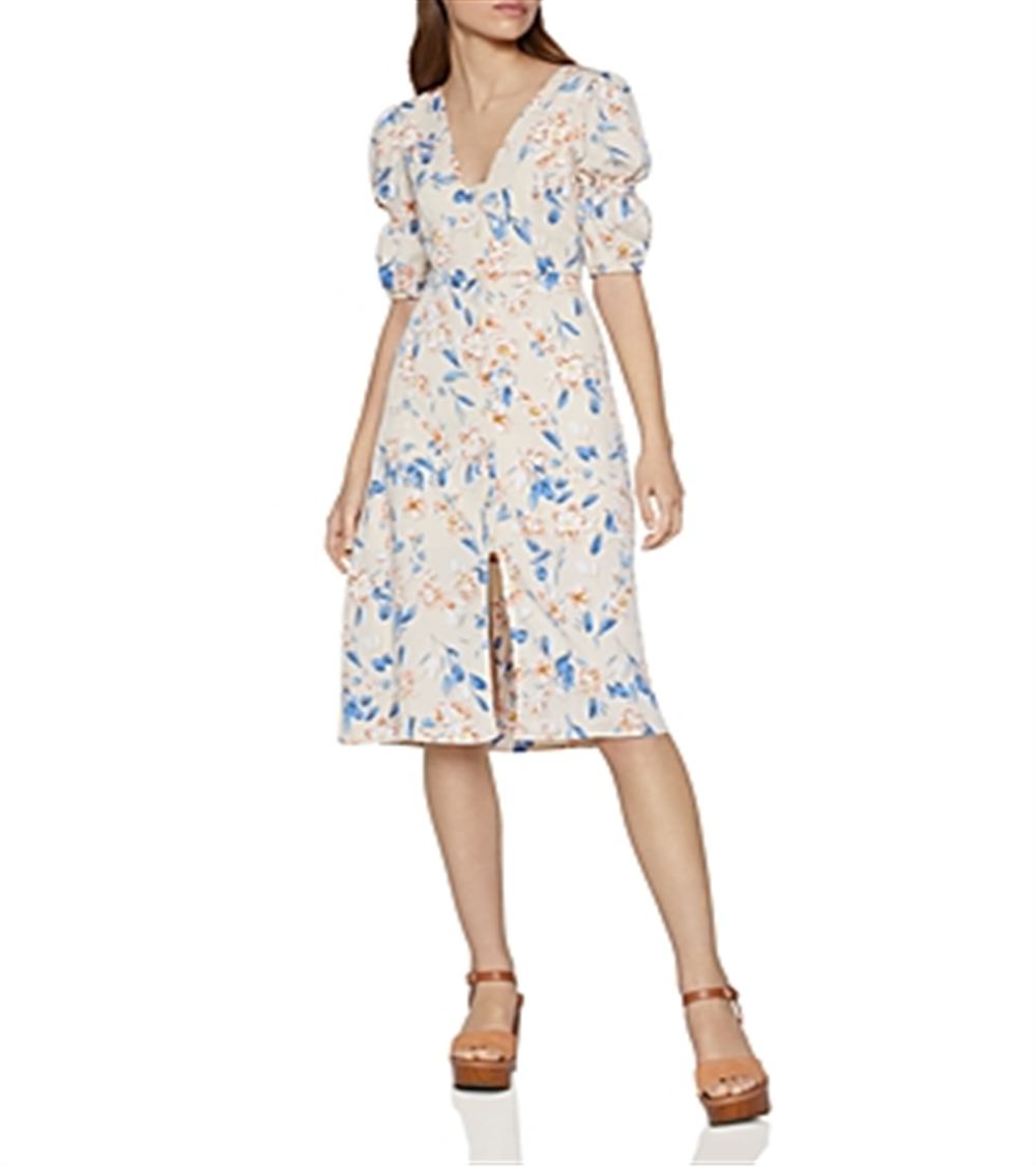 Vestido evasê floral feminino BCBGeneration com decote em V, branco, tamanho 12