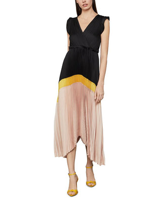 BCBGMAXAZRIA Vestido longo feminino plissado colorblock preto tamanho médio