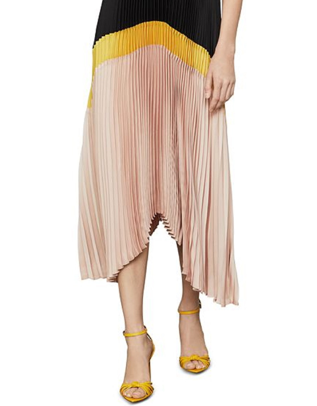 BCBGMAXAZRIA Vestido longo feminino plissado colorblock preto tamanho médio