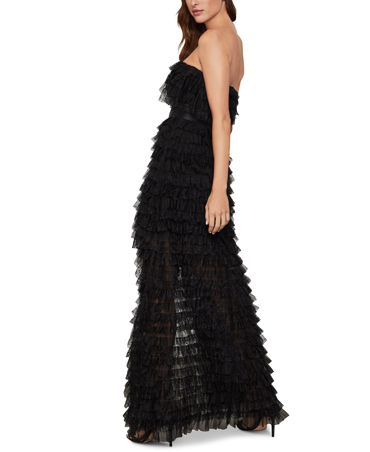 Vestido de tule com babados e sem alças BCBG Max Azria feminino, preto, tamanho 2