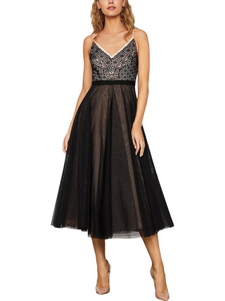 Vestido midi de renda com decote em V e manga curta BCBGMAXAZRIA feminino, rosa, tamanho extrapequeno