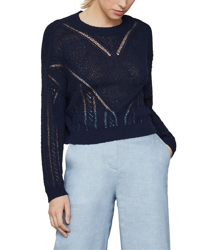 BCBGMAXAZRIA Suéter Feminino de Malha Aberta Azul Tamanho P