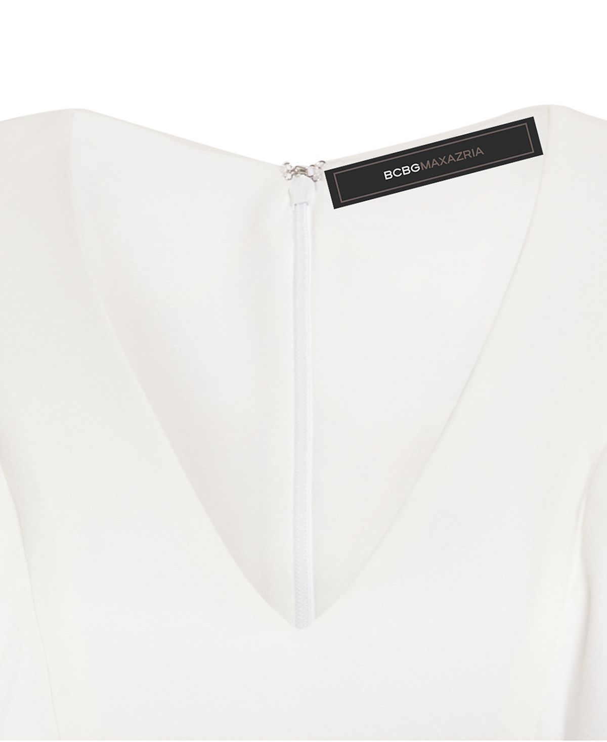 BCBGMAXAZRIA Max Azria Vestido curto sem mangas com babados e decote em V, branco, tamanho 4