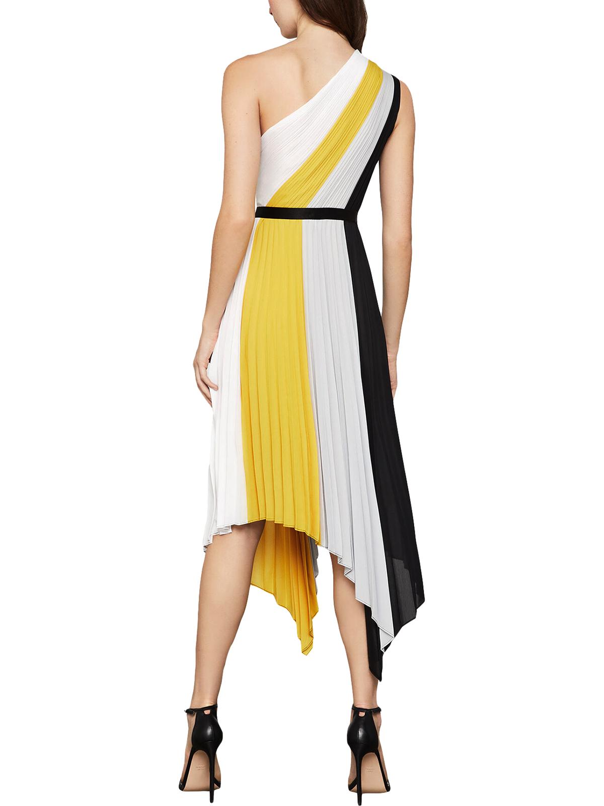 BCBGMAXAZRIA Vestido longo plissado com blocos de cores femininos, preto, tamanho 12