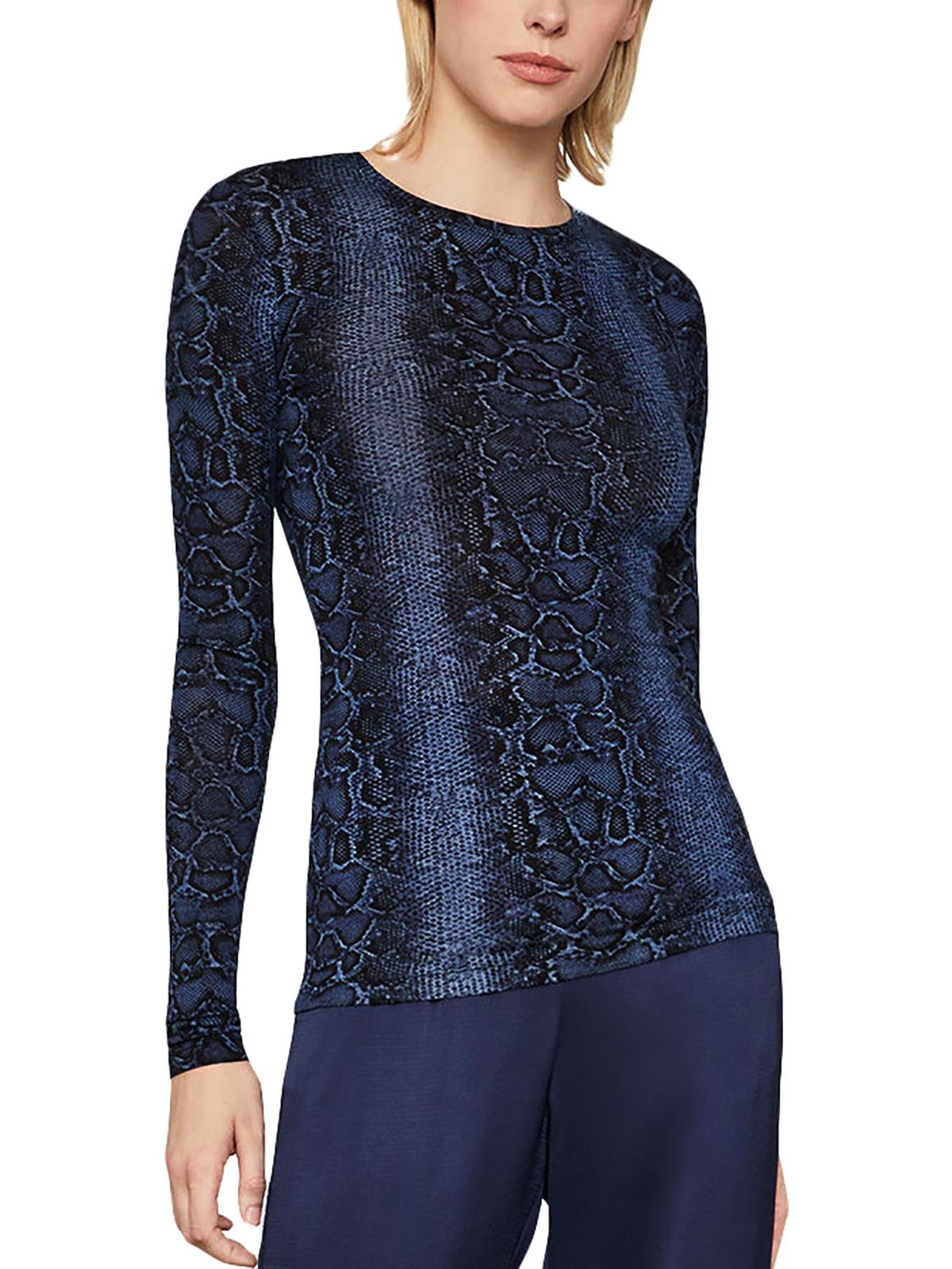 BCBGMAXAZRIA Blusa feminina com estampa de cobra e gola redonda, azul, tamanho pequeno