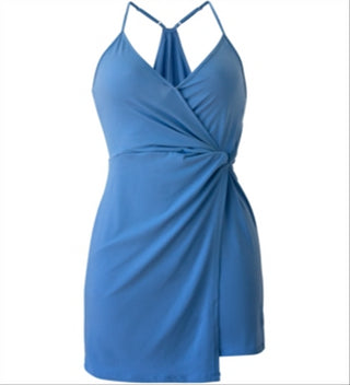 Vestido feminino BCBGeneration sem mangas com sobrepeliz frontal torcido, azul, tamanho pequeno
