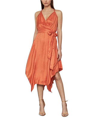 BCBGMAXAZRIA Vestido midi feminino de cetim com bainha de lenço laranja tamanho pequeno