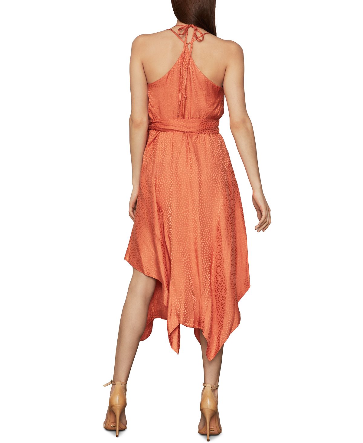 BCBGMAXAZRIA Vestido midi feminino de cetim com bainha de lenço laranja tamanho pequeno