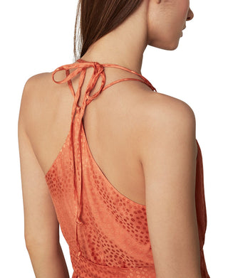 BCBGMAXAZRIA Vestido midi feminino de cetim com bainha de lenço laranja tamanho pequeno